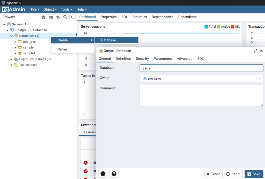 Create database and table